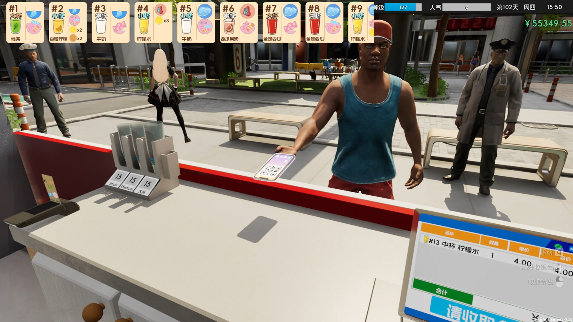 A customer paying at the counter in Boba Cafe Simulator while drink orders appear on screen